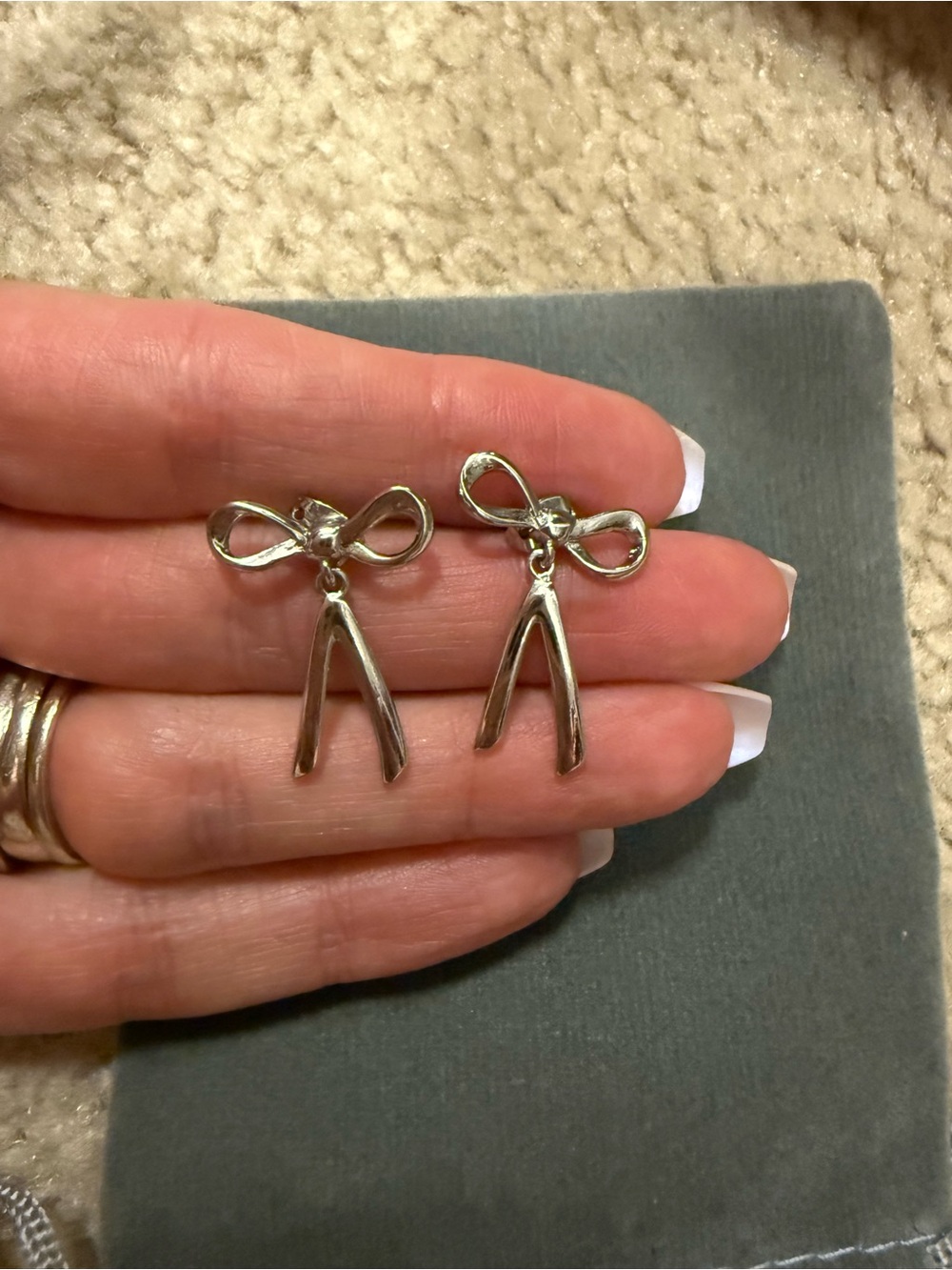 Silver Bow Drop Earrings - Silver Tone